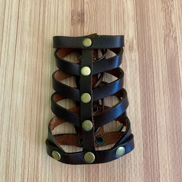 Brown Leather Wrap Bracelet and Arm Cuff Adjustable New Boho Gold Studs - Picture 5 of 7